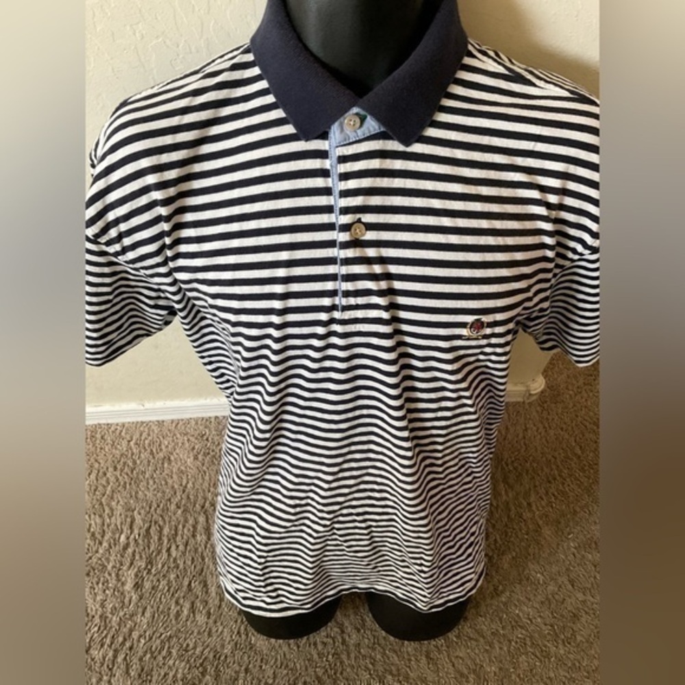 Men’s used size L large Tommy Hilfiger classic polo striped black white shirt - Picture 1 of 4